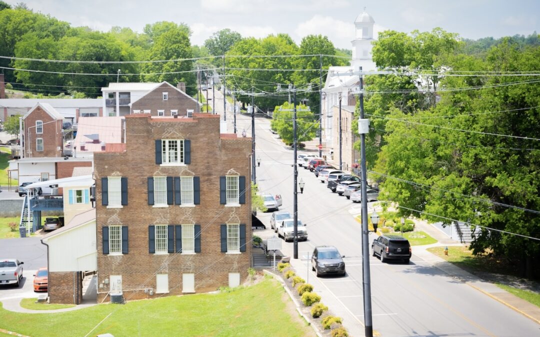 Historic buildings along a quiet street