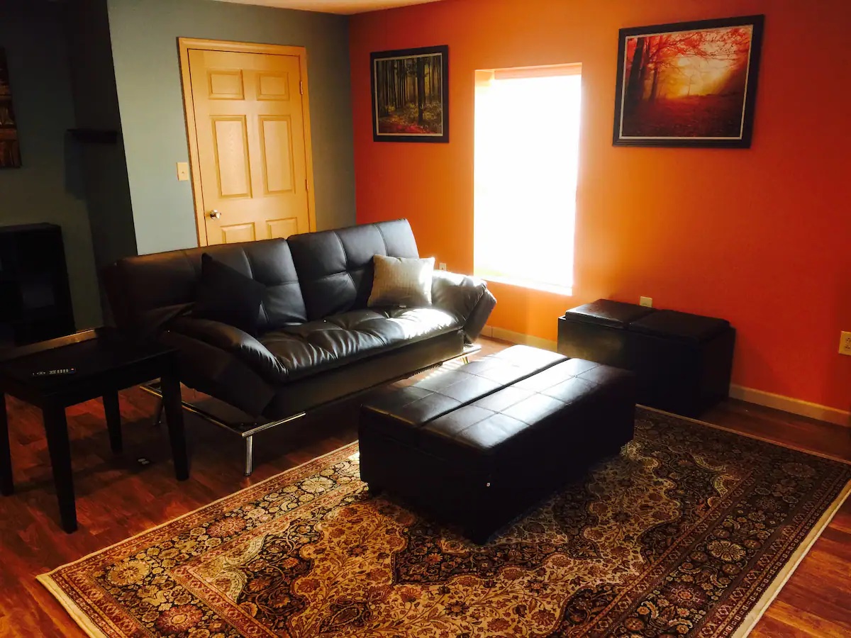 the living room of an airbnb in the great smoky mountains