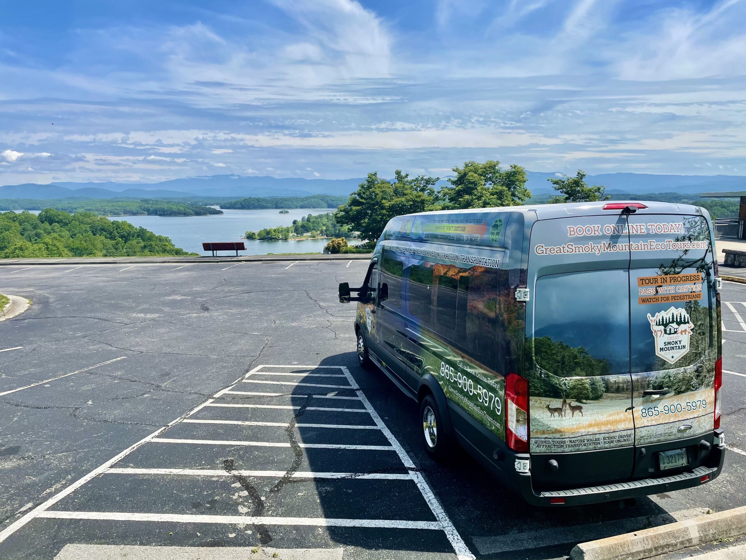 shot of smoky mountain eco tours bus overlooking a scenic smoky mountains view