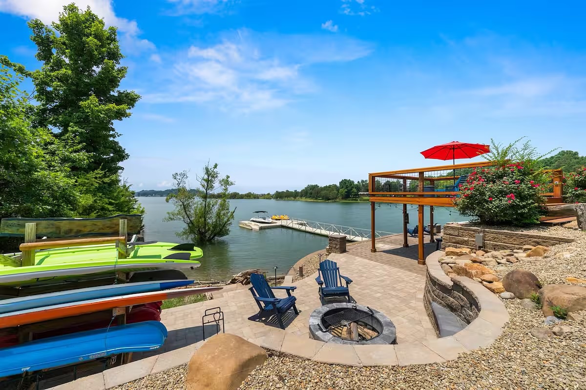 1c25ff52-723a-11f0-bd0c-0242ac120004 view from the back porch of a lakefront cabin in east tennessee that boasts a fire pit, private dock, and lake access