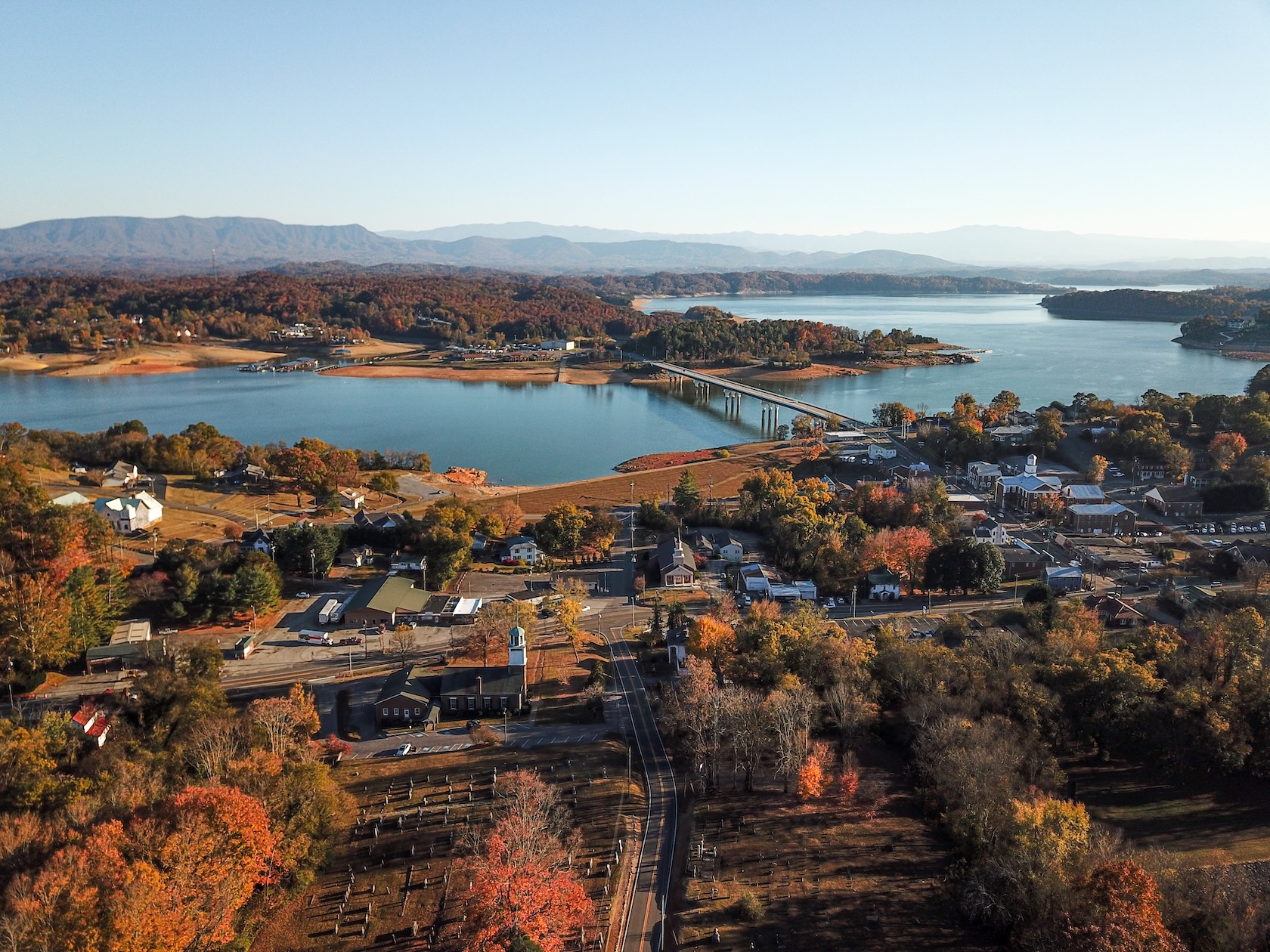 Birds-eye view of Dandridge, TN, on the shores of Douglas Lake in the autumn.