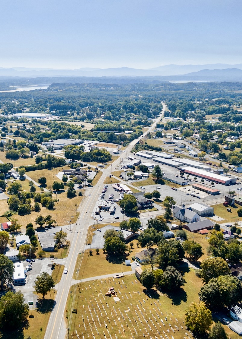 A Birdseye view of the East TN Crossing By-way running through the small town of White Pine, TN with Douglas Lake in the background