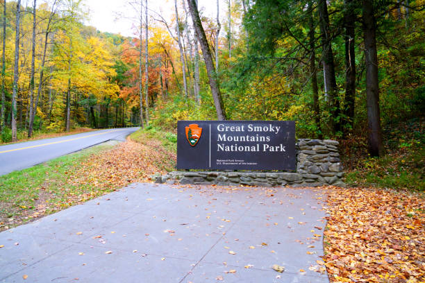Sign of the Great Smoky Mountains National Park with fall foliage surrounding it