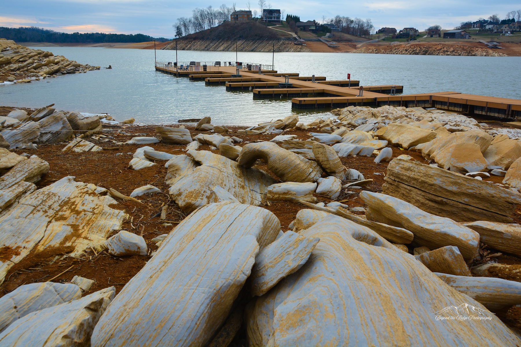 Historic building with signage and flags